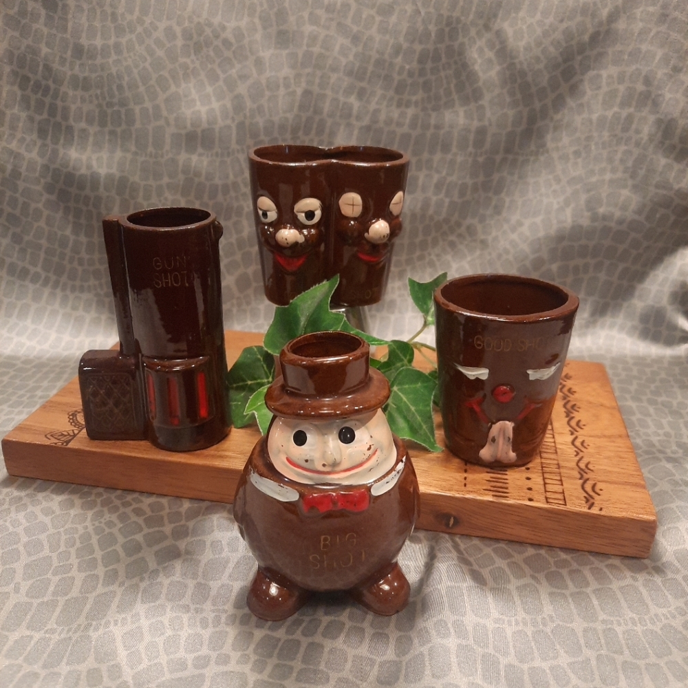 Vintage Japan Redware Pottery Novelty Shot Glass Set ~  Set Of 4